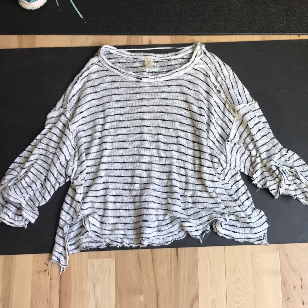Free People White and Black Striped Scoop Neck Sweater